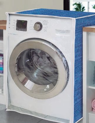 Capa de Máquina de Lavar com Visor - Estampa Jeans - Zíper Abertura Frontal